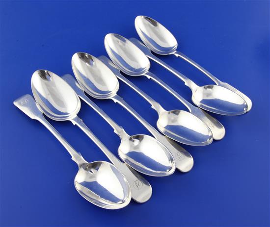 A set of eight George IV silver fiddle pattern table spoons, by William Chawner II, 19 oz.